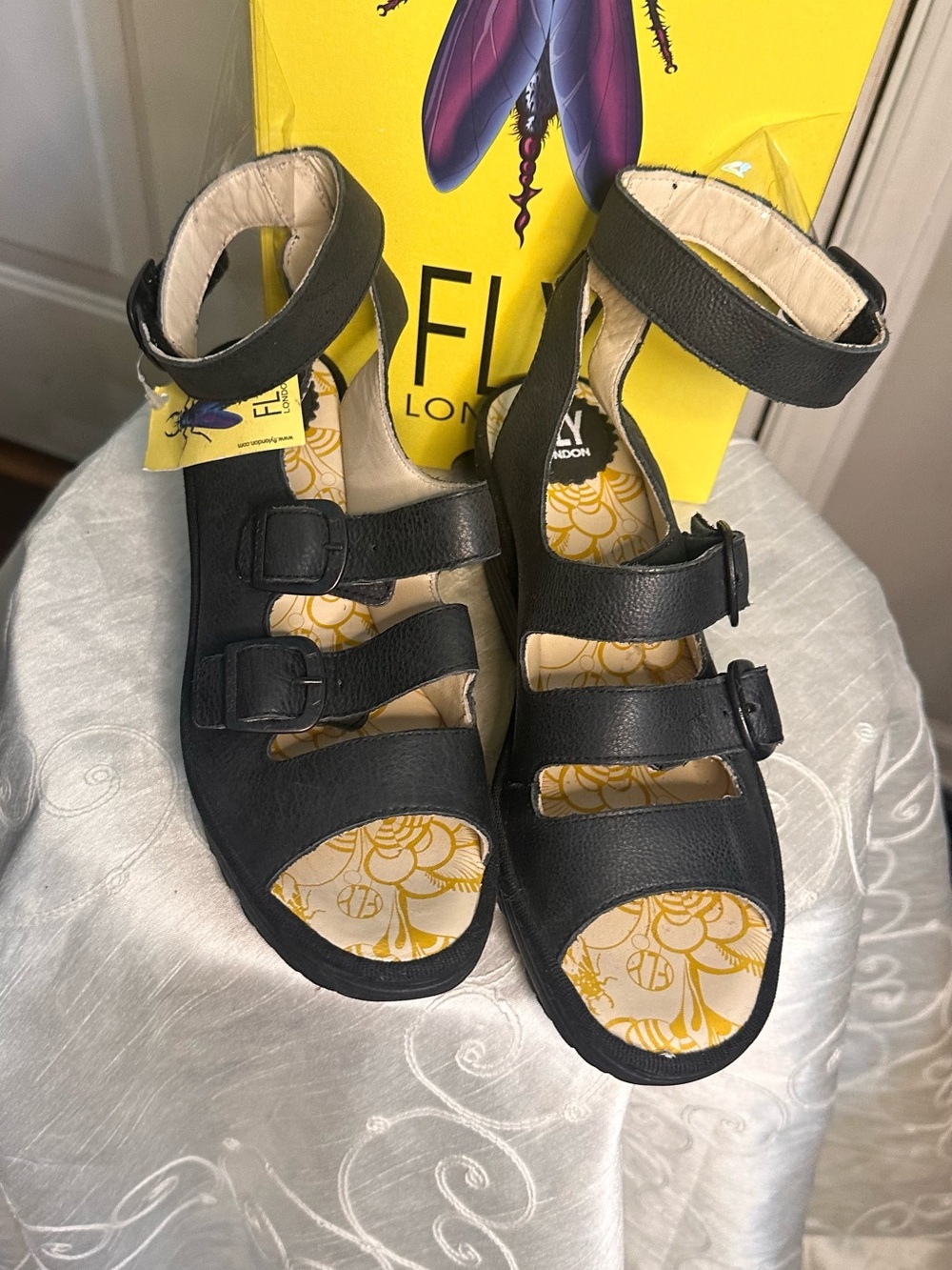 Fly London Black Leather Triple-Strap Wedge Sandals - Picture 3 of 8
